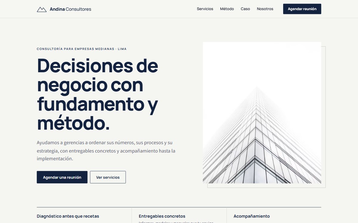 Página de inicio de Andina Consultores: titular sobre decisiones financieras, foto de un edificio blanco y botón para agendar una reunión.