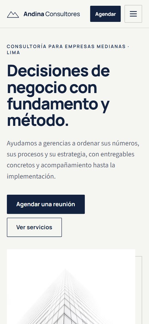 Inicio de Andina Consultores en celular.