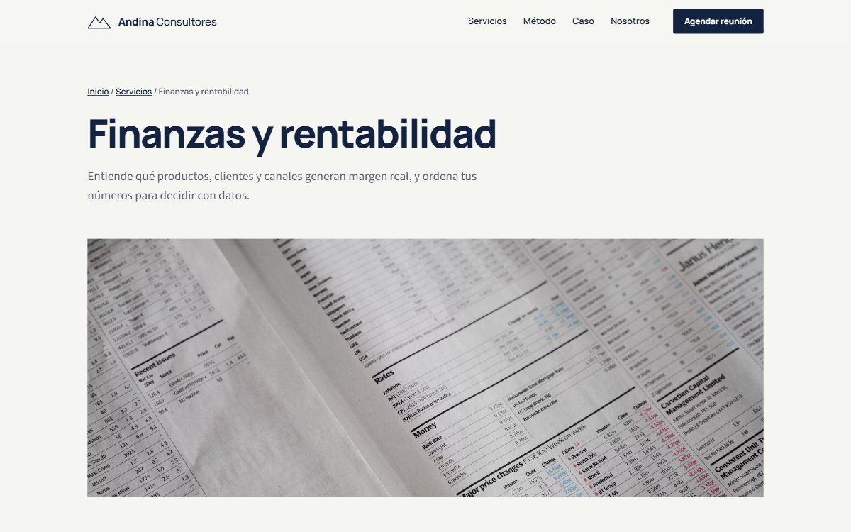 Página de un servicio de Andina Consultores con su alcance, entregables y botón para solicitar una reunión.