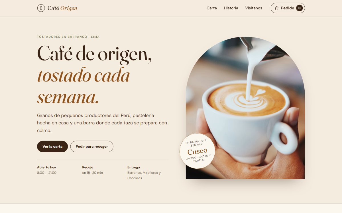 Portada de Café Origen en computadora: titular sobre café de origen, foto del local y carta.