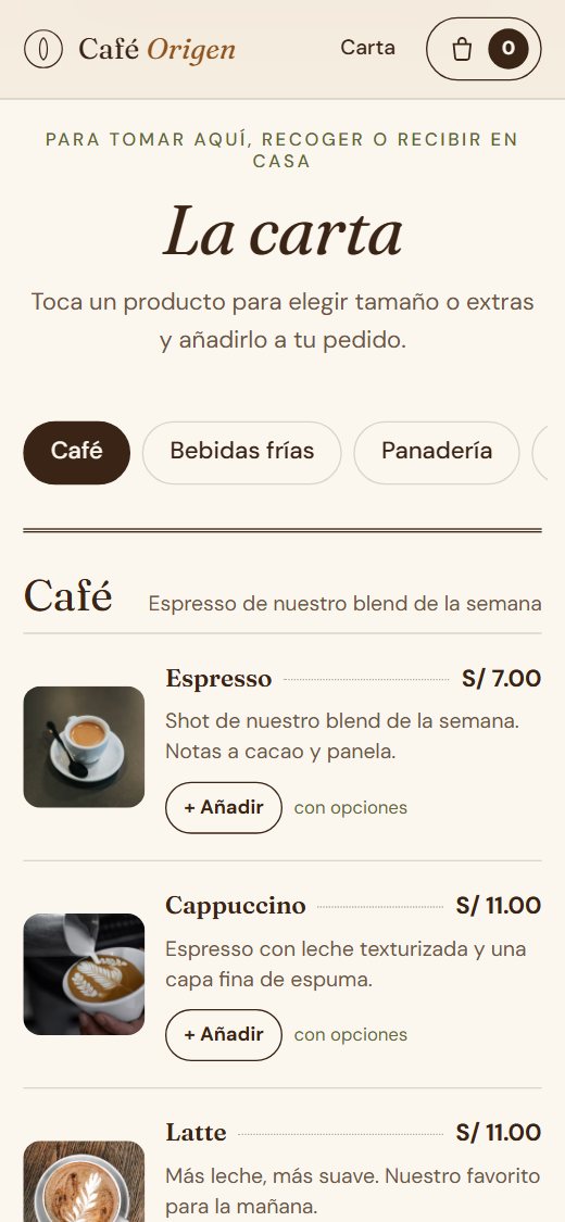 Carta de Café Origen en celular, con fotos de bebidas y precios.