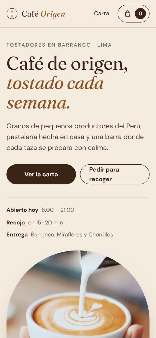 Café Origen en un celular: portada con foto del local y botón para ver la carta.
