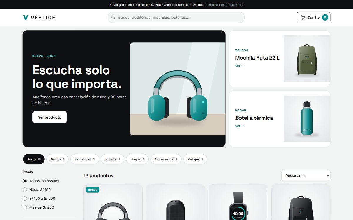 Tienda Vértice: buscador, categorías y una cuadrícula de productos con precios en soles.