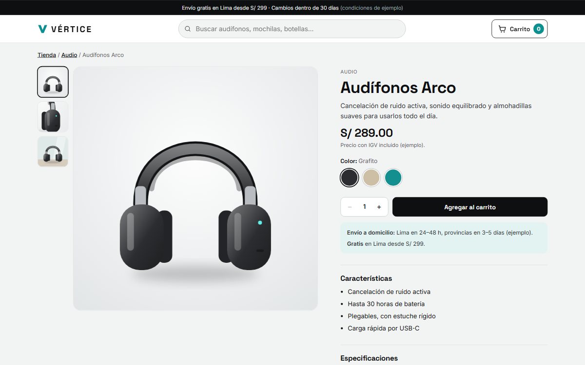 Ficha de producto en Vértice: galería de fotos, selector de color, precio y botón para agregar al carrito.