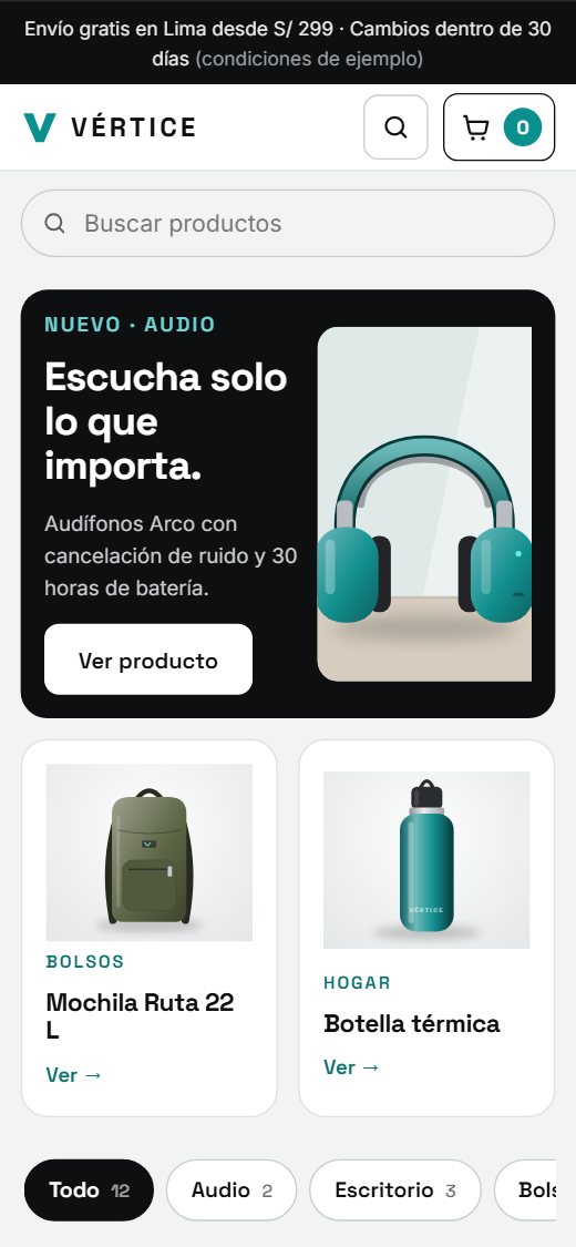 Vértice en celular: buscador visible y productos en dos columnas.